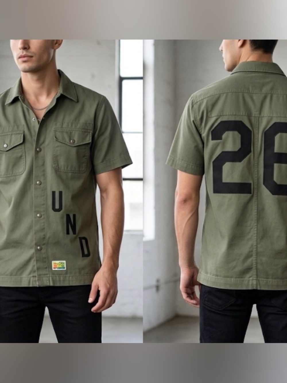 Undefeated Military Inspired Army Green Button Up Short Sleeve Shirt Men S